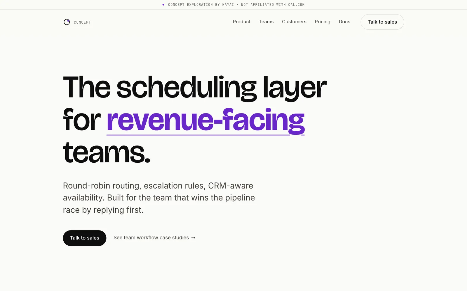 Cal.com concept landing page — violet accent, dense editorial scheduling page