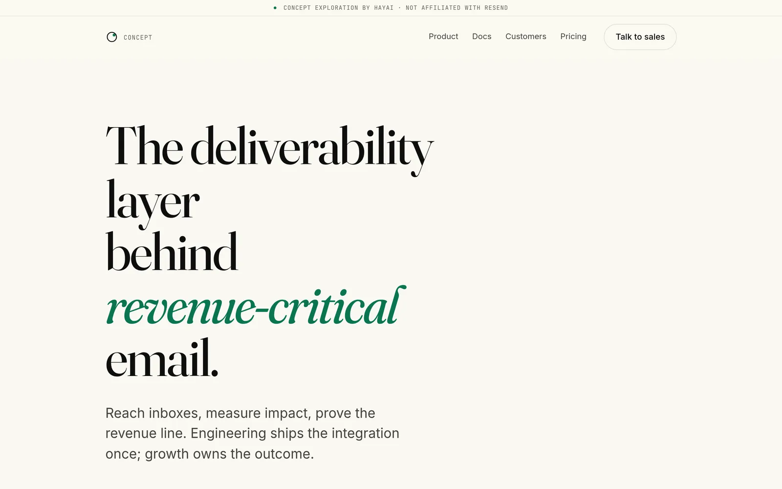 Resend concept landing page — emerald accent, code-first email sections typeset like print
