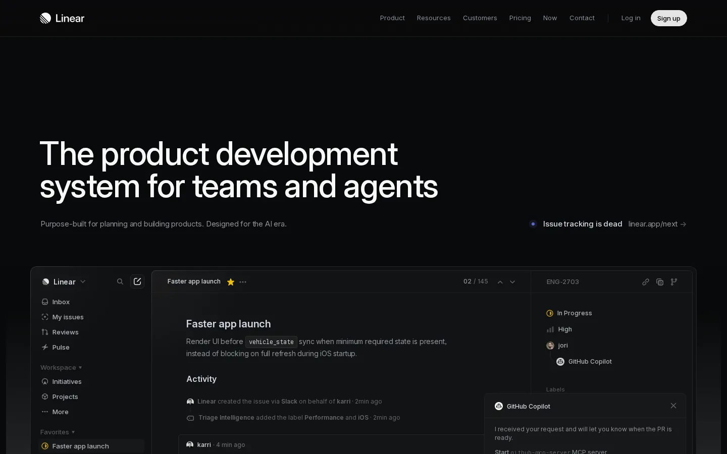 The Linear landing page hero: the headline 'The product development system for teams and agents' over a dark product mockup.
