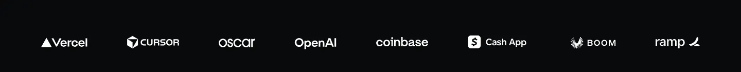 Eight customer logos in one row: Vercel, Cursor, Oscar, OpenAI, Coinbase, Cash App, Boom, Ramp.