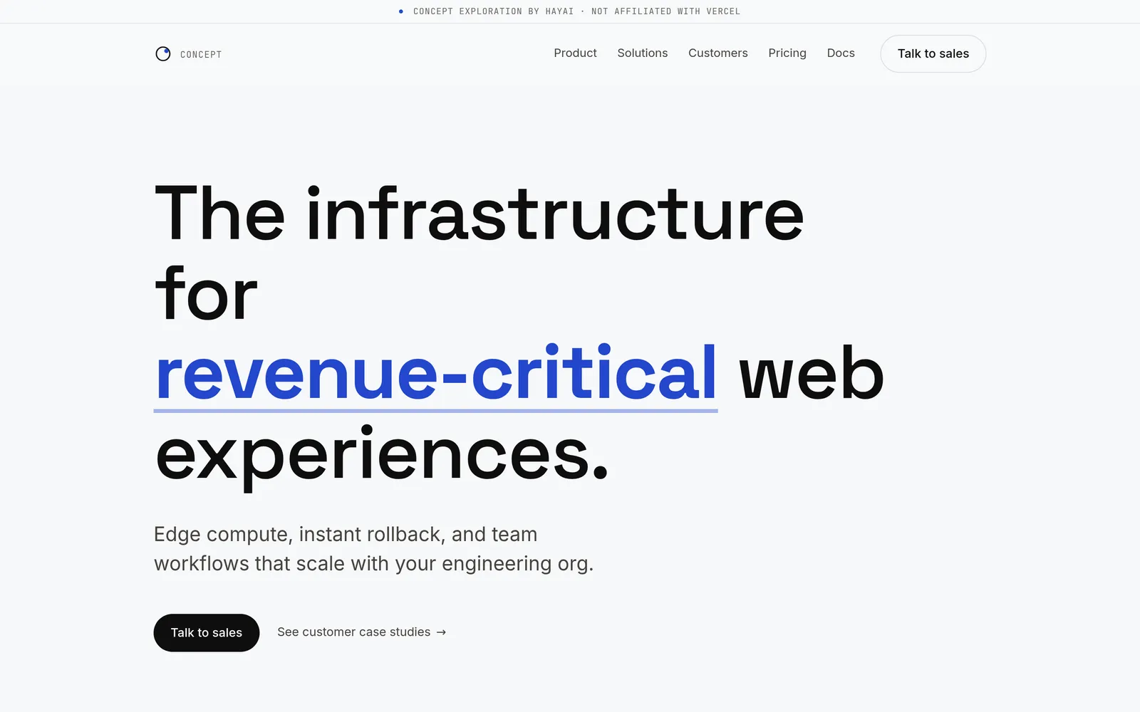 Vercel concept landing page — cobalt accents on paper, dense hero with measured claims